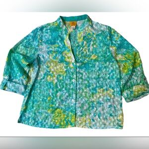 VTG Ruby Red Tunic Blouse 14 Sheer Aqua Green Floral Tropical Travel Artsy